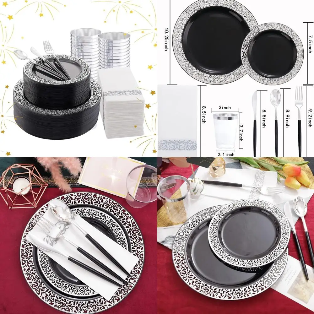 

350-Piece Black & Silver Plastic Plate Set with Silverware and Napkins for 50 Guests - Perfect for Halloween & New Year Parties