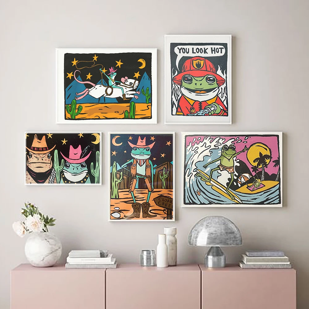 Funny Frog Fireman Print Toad Animal Wall Art Print Cowboy Frog Riding a Mouse Poster Whimsical Funny Frog Print Nursery Decor