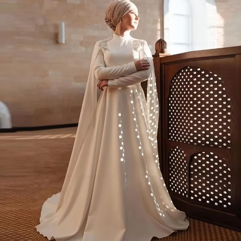 

Simple Wedding Dresses with Cape High Neck A-Line Muslim Bride Beading Draped Sweep Train Bridal Gown Customized robe de mariée