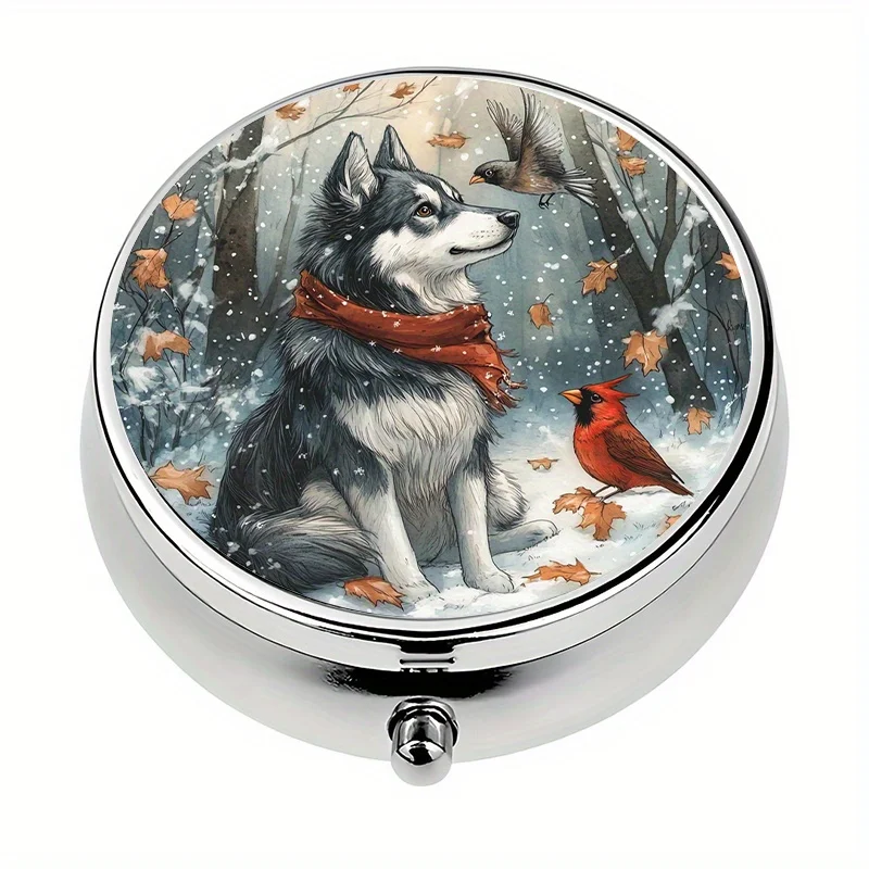1 winter wonderland-themed box with 3 compartments, container, storage organizer, for travel and vitamin storage, flat print