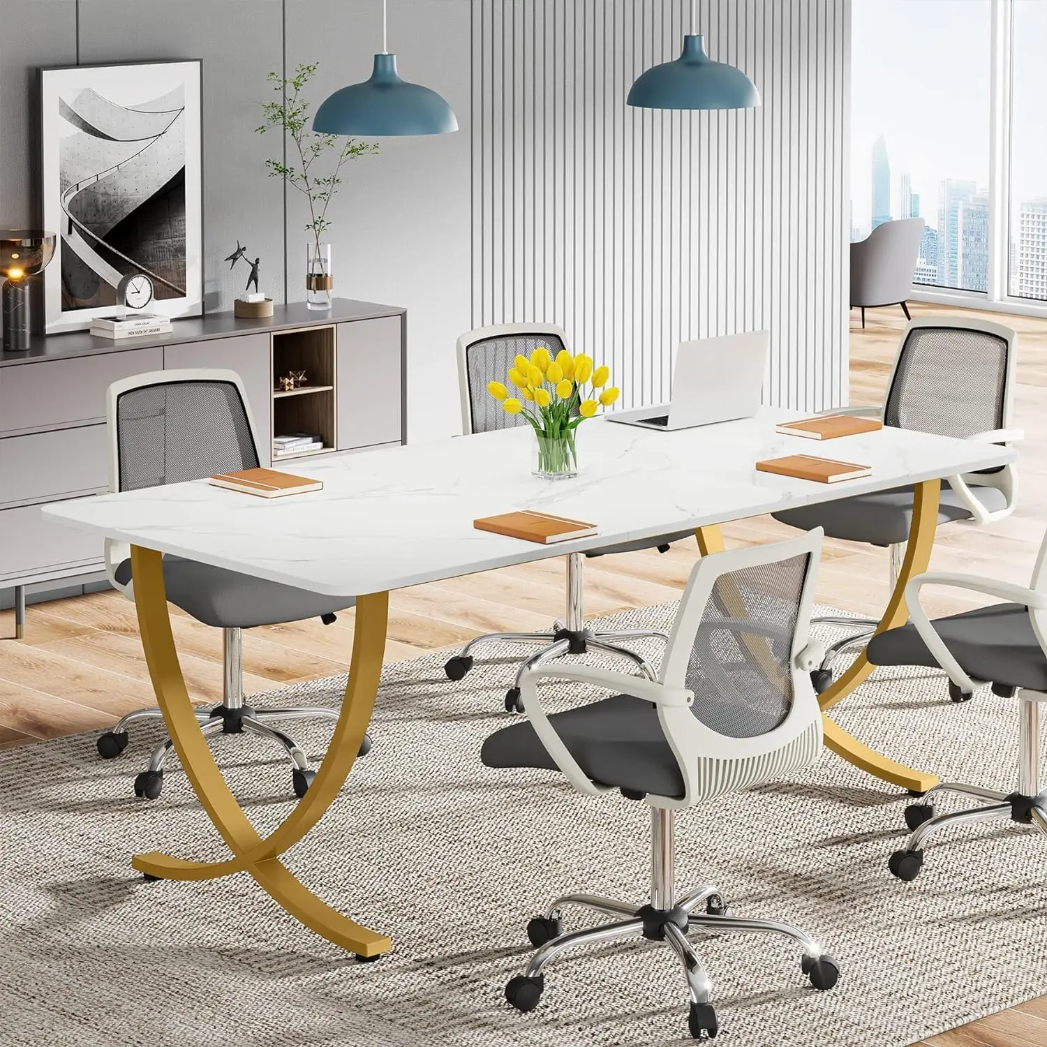 Scrivania direzionale, 63 "W x 31.5" D grande scrivania da ufficio, tavolo da conferenza moderno per scrivania, tavolo da riunione, bianco e oro