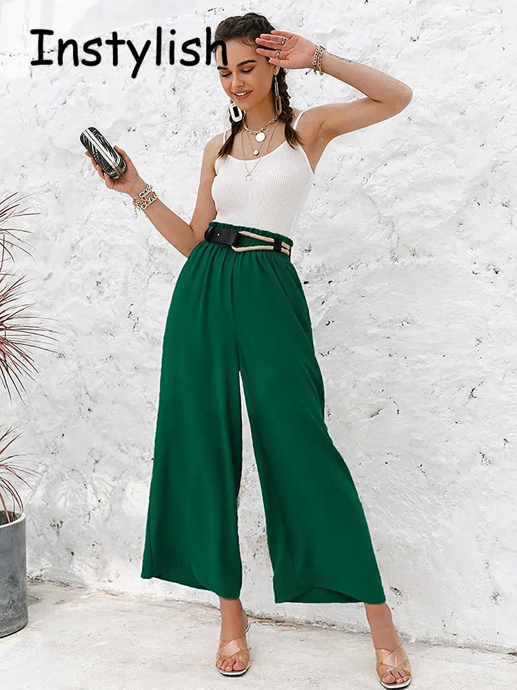 

Women Casual Solid Ruffles High Waist Wide Leg Pants Vintage Harajuku Solid Linen Loose Trousers Elegant All Match Chic Pants