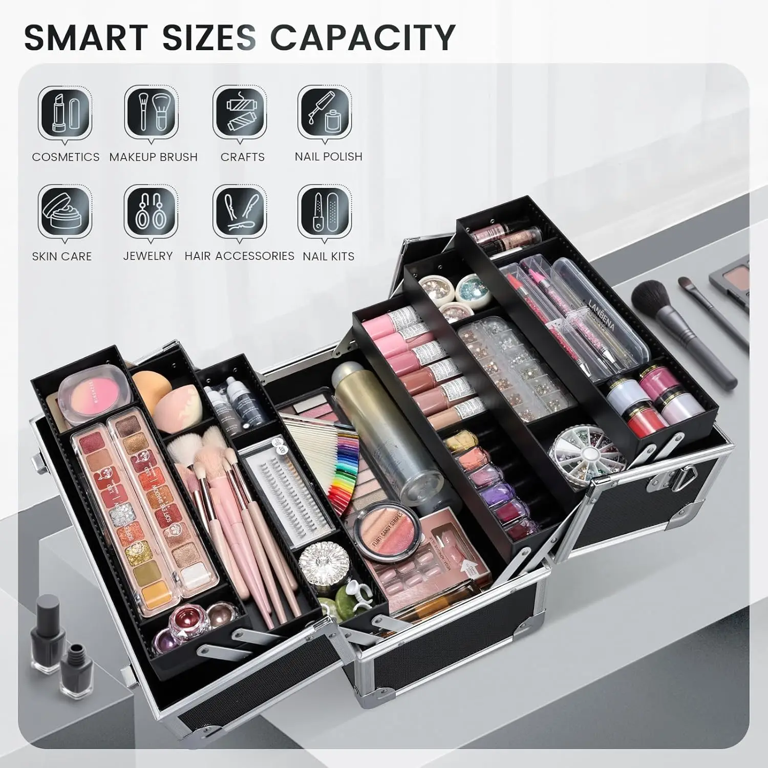 Large Makeup Case Makeup Train Case  Professional Make Up Train Carrying Case 6 Trays Lock Shoulder Strap Hard Vanity Storage