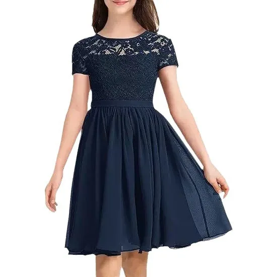 it's-yiiya-カスタマイズされたネイビーブルーのレースシフォン-o-ネック半袖ジッパーバックベルトギャザー-a-ライン膝丈キッズガウン-t043