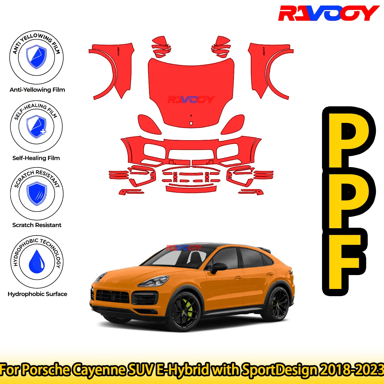 

For Porsche Cayenne SUV E-Hybrid with SportDesign 2018-2023 Glossy Matte Black Precut front PPF Kit Paint Protection Film