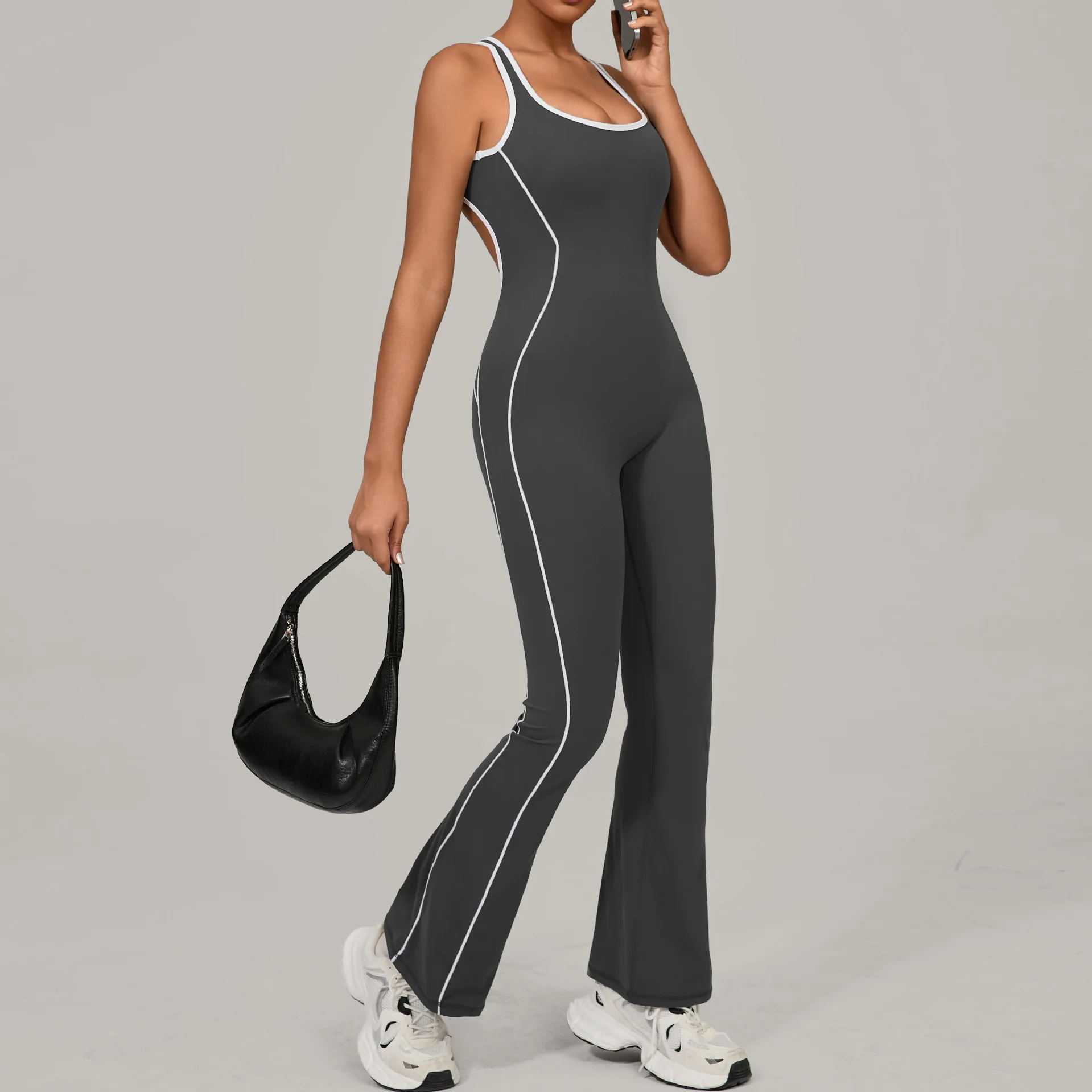 

Yoga Jumpsuit Sports Fitness Hip Lifting Pleating Beautiful Back One-piece Micro Flared Workout Clothing Gym Bodysuit for Women