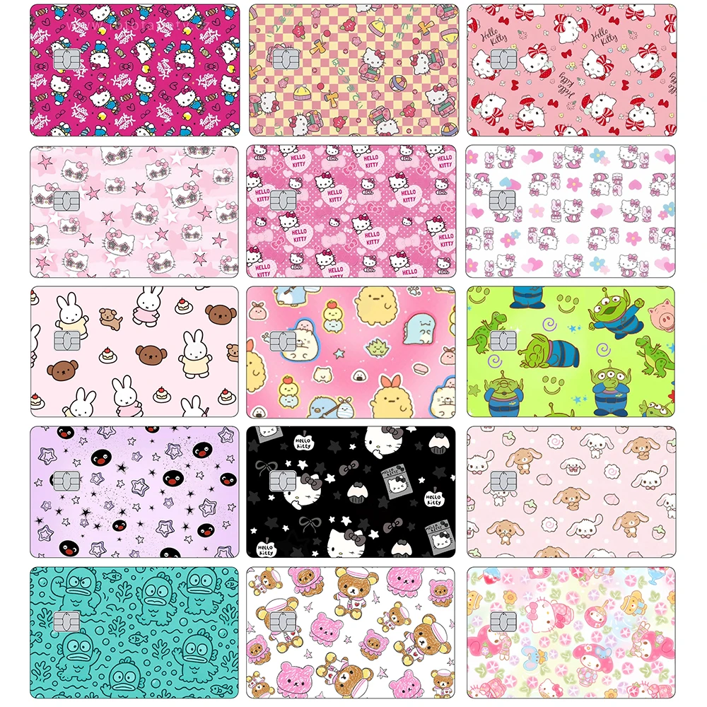 

Credit Bank Card Skin Stickers Hellokitty Hangyodon Cartoon Flat Lay Bus Metro Card Sticker Floral Prints Front Side Cute Decal