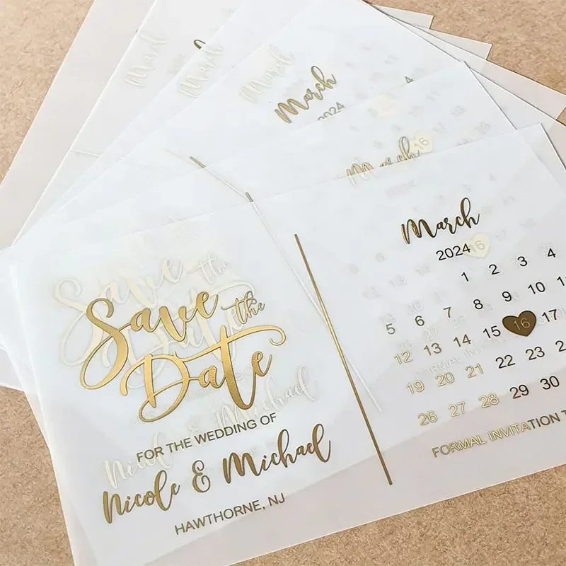 

Custom Gold Foil Calendar Vellum Save The Date Cards & Envelopes Wedding Invitations Silver, Black Elegant Party Invitations