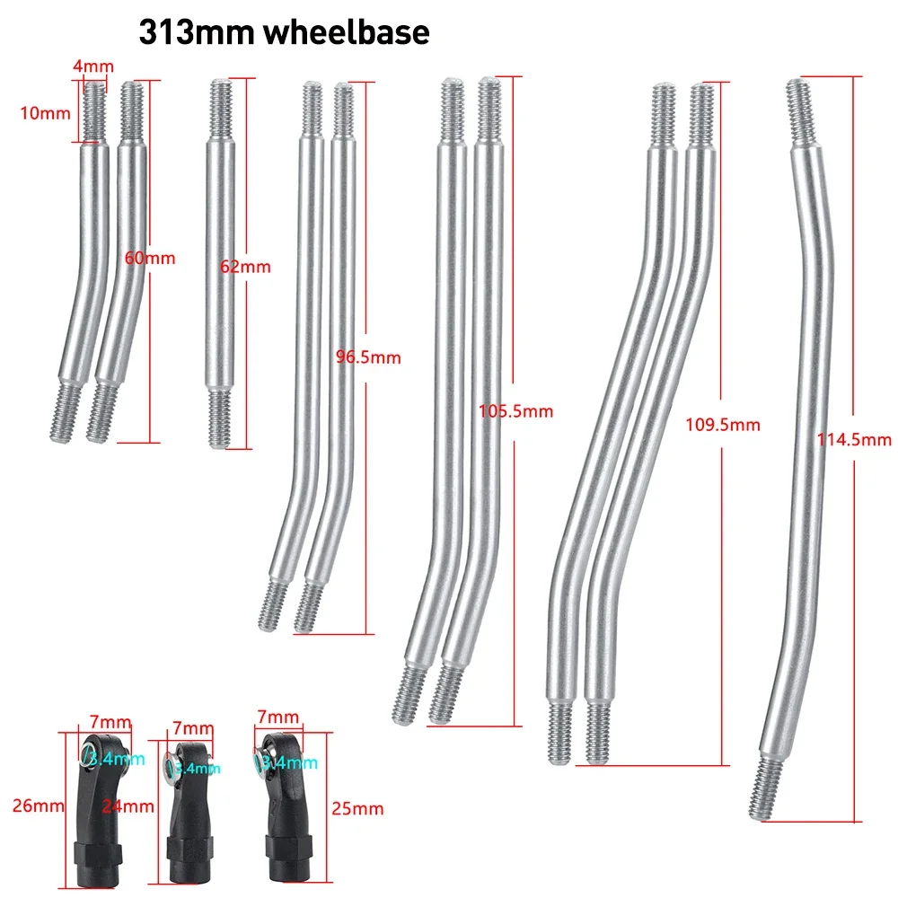 AXSPEED Edelstahl-Chassis-Verbindungsstücke, Aufhängungsverbindung mit Stangenenden, 313/324 mm Radstand für 1/10 TRX4 K10 Bronco Blazer Teile