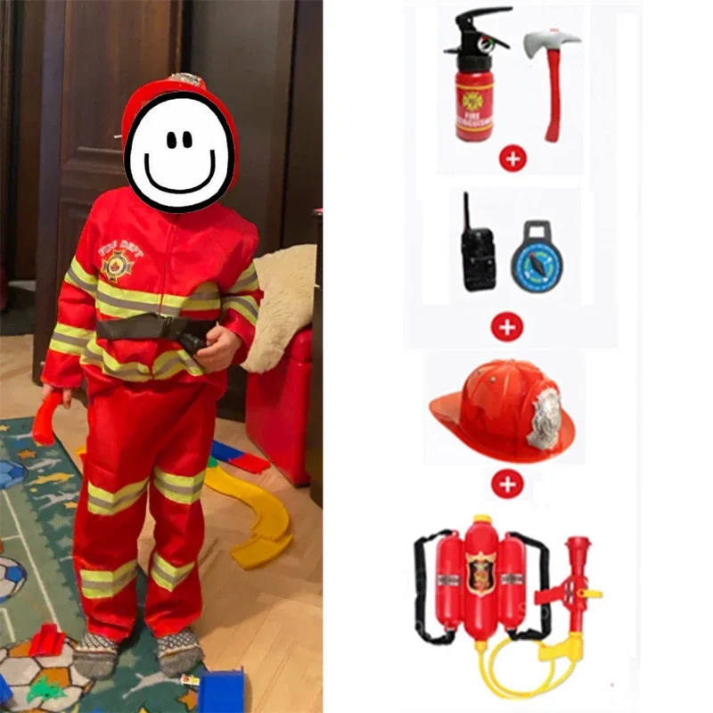 Children Kid Cosplay Fireman Outfits Firefighter with Belt 5 Toys Sets Cosplay Costume Role Play Sam Work Wear Uniform Water Gun