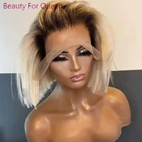 Peluca de Bob corto Rubio degradado, pelucas de cabello humano con encaje Frontal para mujeres, peluca Frontal de encaje 13x6 sin pegamento con raíces oscuras de 180% de densidad
