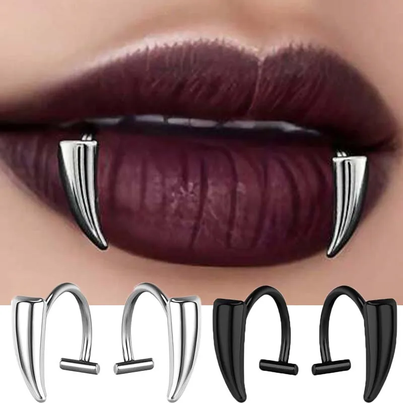 

1pair Stainless Steel Personalised Sharp Teeth Fake Piercing Lip Ring Punk Exaggerated Jewelry for Women Gothic Body Jewelry