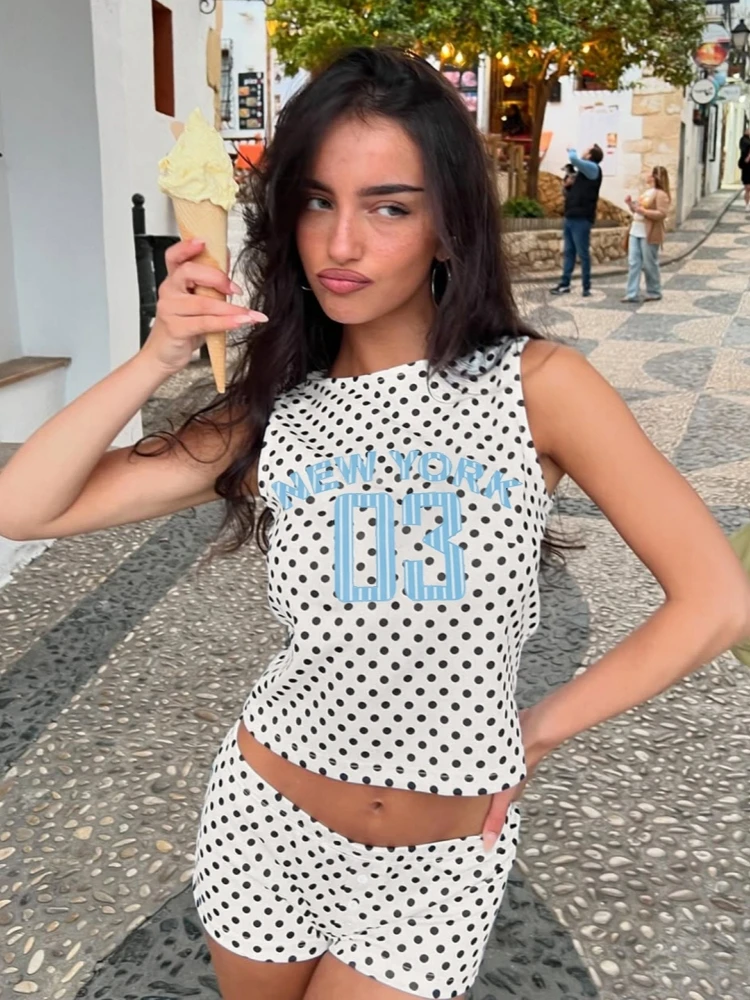 Conjunto de shorts sem mangas com estampa de bolinhas, roupa de verão para mulheres, conjuntos de duas peças, conjunto feminino slim fit, conjunto feminino