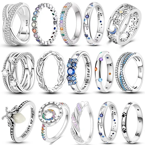 Women Silver Finger Rings for Women Original 925 Sterling Silver Cocktail Ring Geometric Cubic Zircon Heart Wedding Jewelry