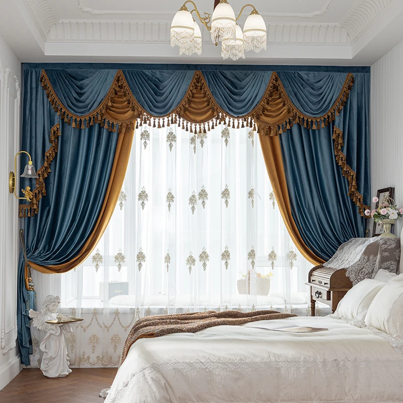 Custom Upscale luxury European velvet shade living room bedroom villa blue cloth valance blackout curtain tulle drape C1954