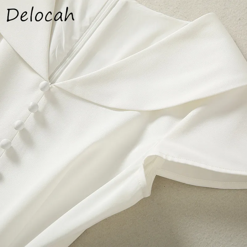 Deloach primavera/verão moda feminina gola três camadas de fio de apoio cor contrastante manga curta cinto vestido fino ajuste