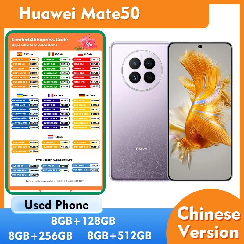 Huawei Mate50 4G 8GB RAM 128GB 256GB 512GB ROM Smartphone 6.7 pulgadas 2700x1224px Teléfono Usado