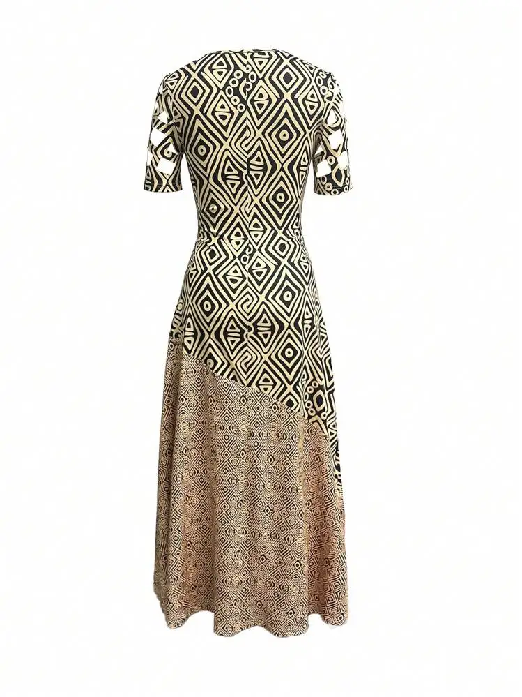 Europeu e americano transfronteiriço verão nova venda quente com decote em v oco boêmio moda vestido impresso saia longa