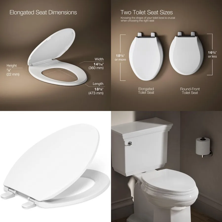 

201100 Brevia Slow Close Elongated Toilet Seat with GripTight Bumpers and QuickAttach Hardware for Smooth Quiet Closing in Mode