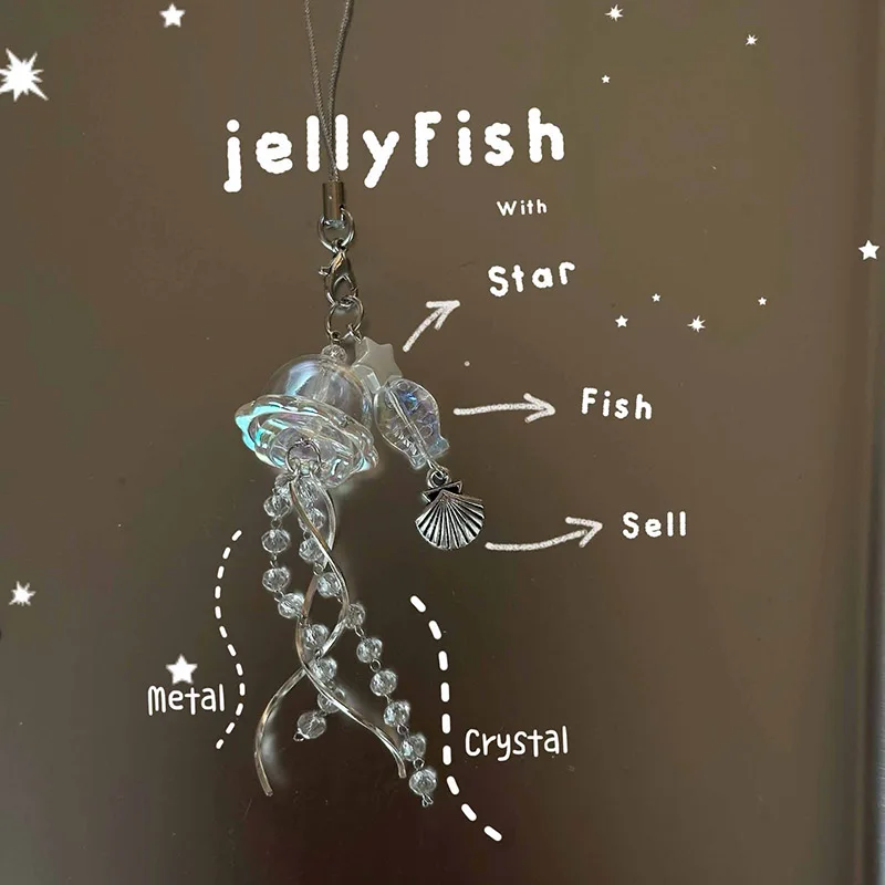 Y2K Jellyfish Tassel Mobile Key Chain Jellyfish Beaded Phone Charm Keycord Korean Sea Shell Fish Beads Chain BackPack Keyring