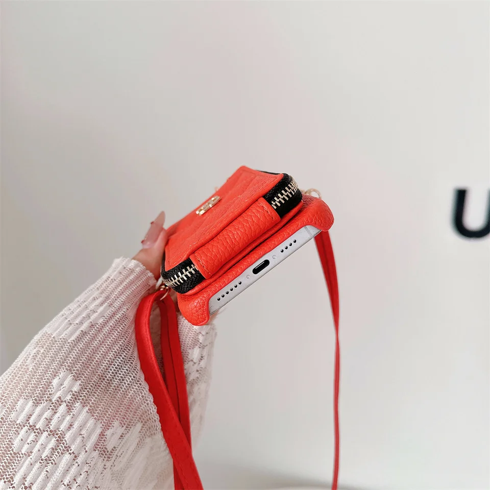 Zipper Crossbody Lanyard Wallet Card Holder Phone Case for iPhone 15 Pro Max 14 Plus 13 12 11 7 8 SE 2022 PU Leather cover