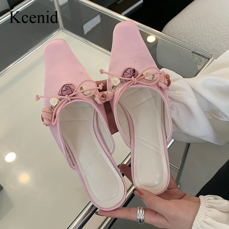 

Kcenid New Fashion Flower Summer Shoes Woman Low Heels Dress Shallow Casual Female Slides Square Toe Women Slippers Mules