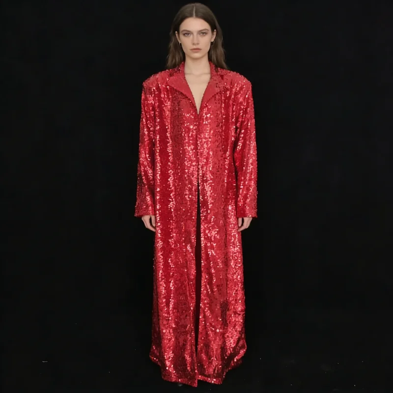 

Red Sequins Long Coat Female Stage Costume Lengthen Cloak Sequined Overcoat for Nightclub Singer Concert Performance Wear