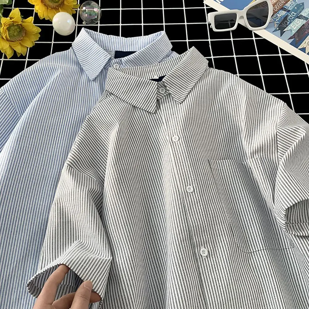 Camisa listrada azul de manga curta masculina, verão, vintage novo, lapela simples, botões, soltos, casual, havaiana, americana, 2024