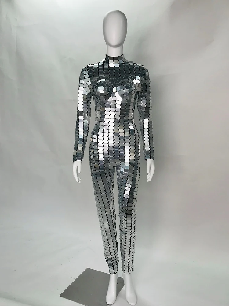 Traje de escenario con espejo plateado, mono futurista de manga larga, traje de actuación de Gogo Showgirl, ropa Rave para Festival de Carnaval VDL3796