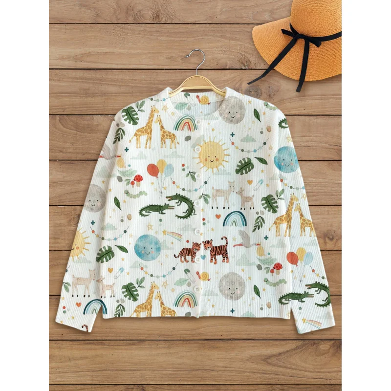 

Sweet Cute Digital Print Women's Sweater Knit Cardigan Thickened Loose Crew Neck Long Sleeve Button Autumn Winter Outdoor Casual