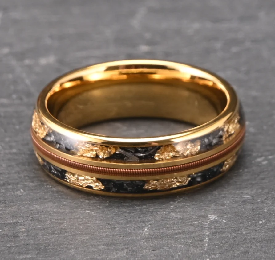 

Free Shippings 8mm Meteorite Gold Leaf x Guitar String Tungsten Carbide Wedding Band Men's Ring Yellow Gold Plated Ring