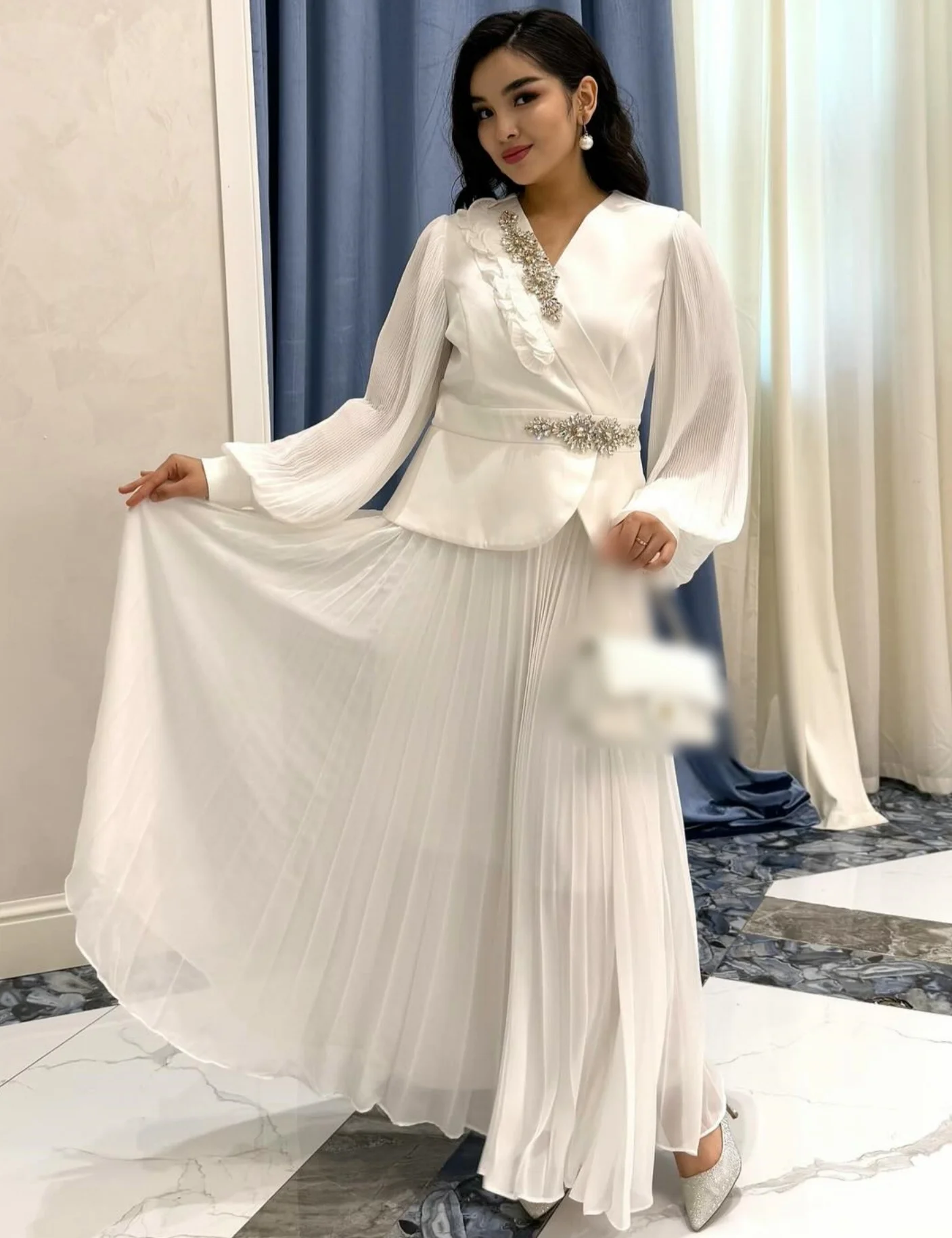 Customized Fashion Intricate Chiffon Sequined Pleat A-line V-neck Midi Dresses Bespoke Occasion Matching