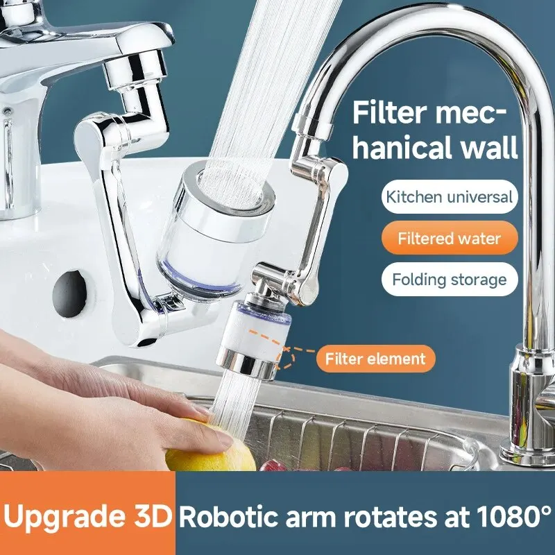 1080° Rotation Filter Nozzle Splash Proof Universal Faucet Household Kitchen Tap Washbasin Faucets Bubbler Nozzle Robotic Arm