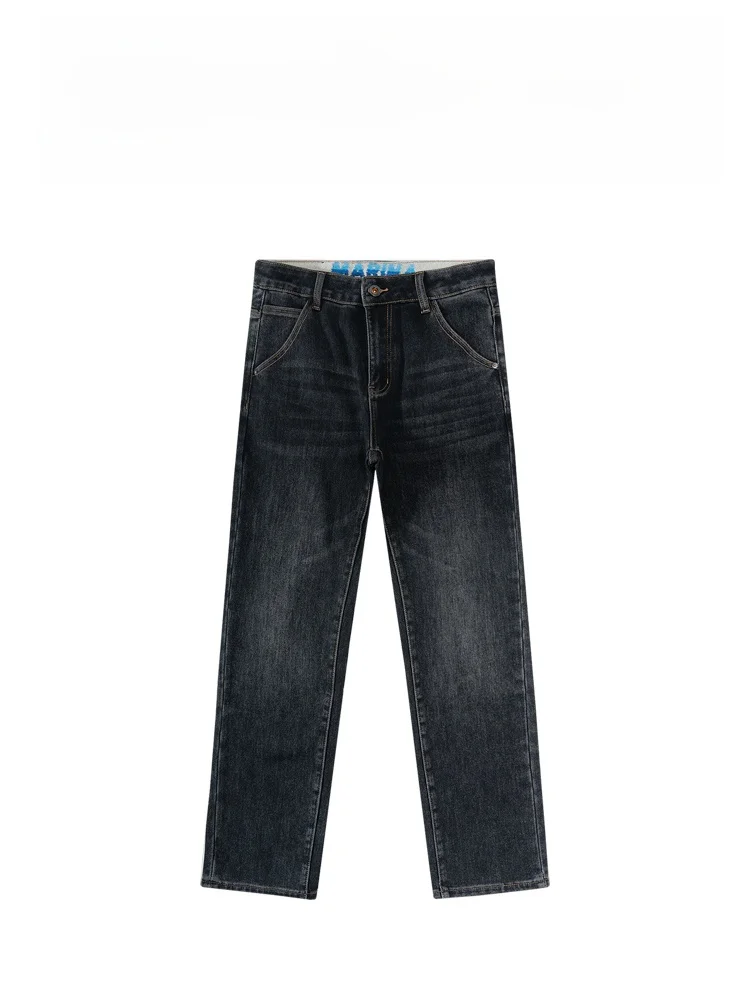 

BAIRBOALIY Американские ретро-джинсы с эффектом потертости, утепленные, прямого кроя, мужские, модные, зимние, повседневные, из смесового хлопка и полиэстера