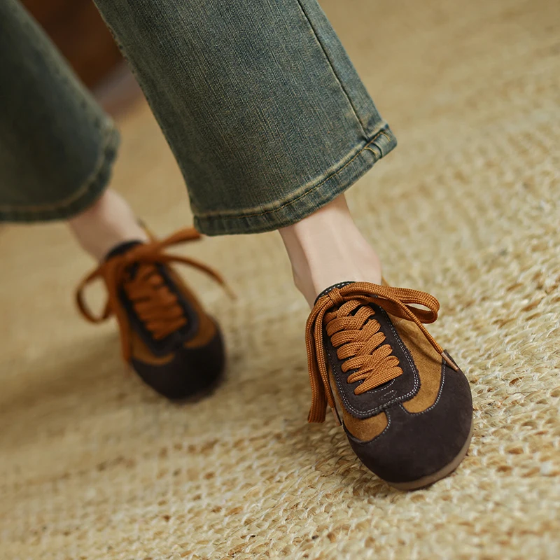 NEW Trend Natural Suede Splicing Women Flats Spring Autumn Lace Up Flat Shoes Ladies Brown Coffee LEISURE Round Toe Shoe