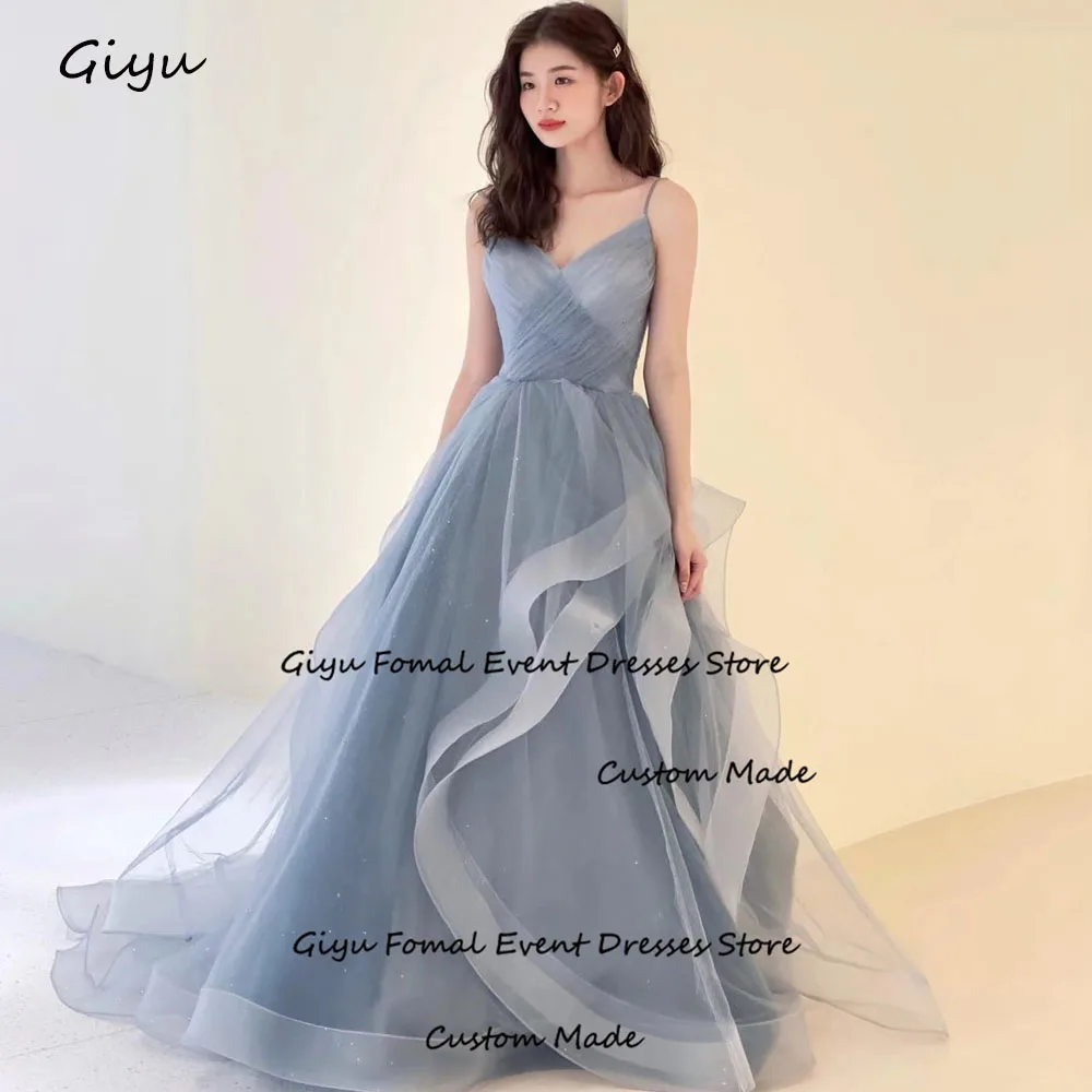 Giyu Fairy Blue-vestido de novia coreano para sesión de fotos, cuello en V, largo hasta el suelo, vestido de noche con tirantes finos, vestido de fiesta de cumpleaños personalizado