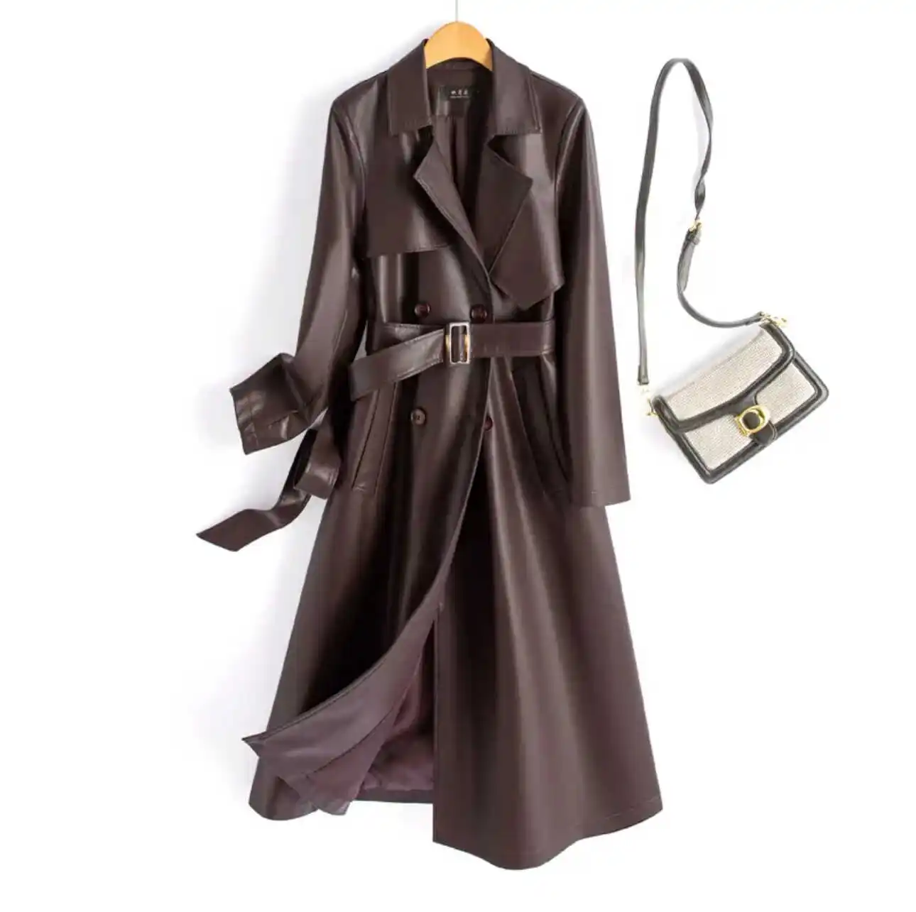 Faionable Casual Haening Leather Jaet Women's Long Slim Fit Waist Belt Windbreaker Outerwear Sli Long Sve Coat