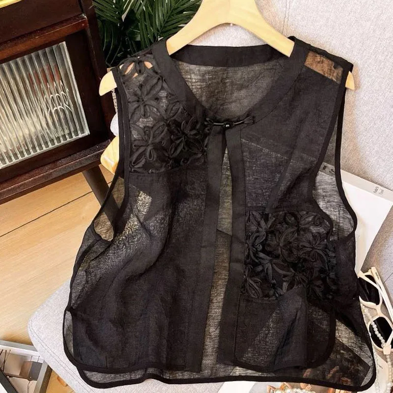 New Chinese Style Black Lightweight Sunscreen Vest Vest for Women in Summer Style Embroidered Organ Yarn Buttoned Vest Top