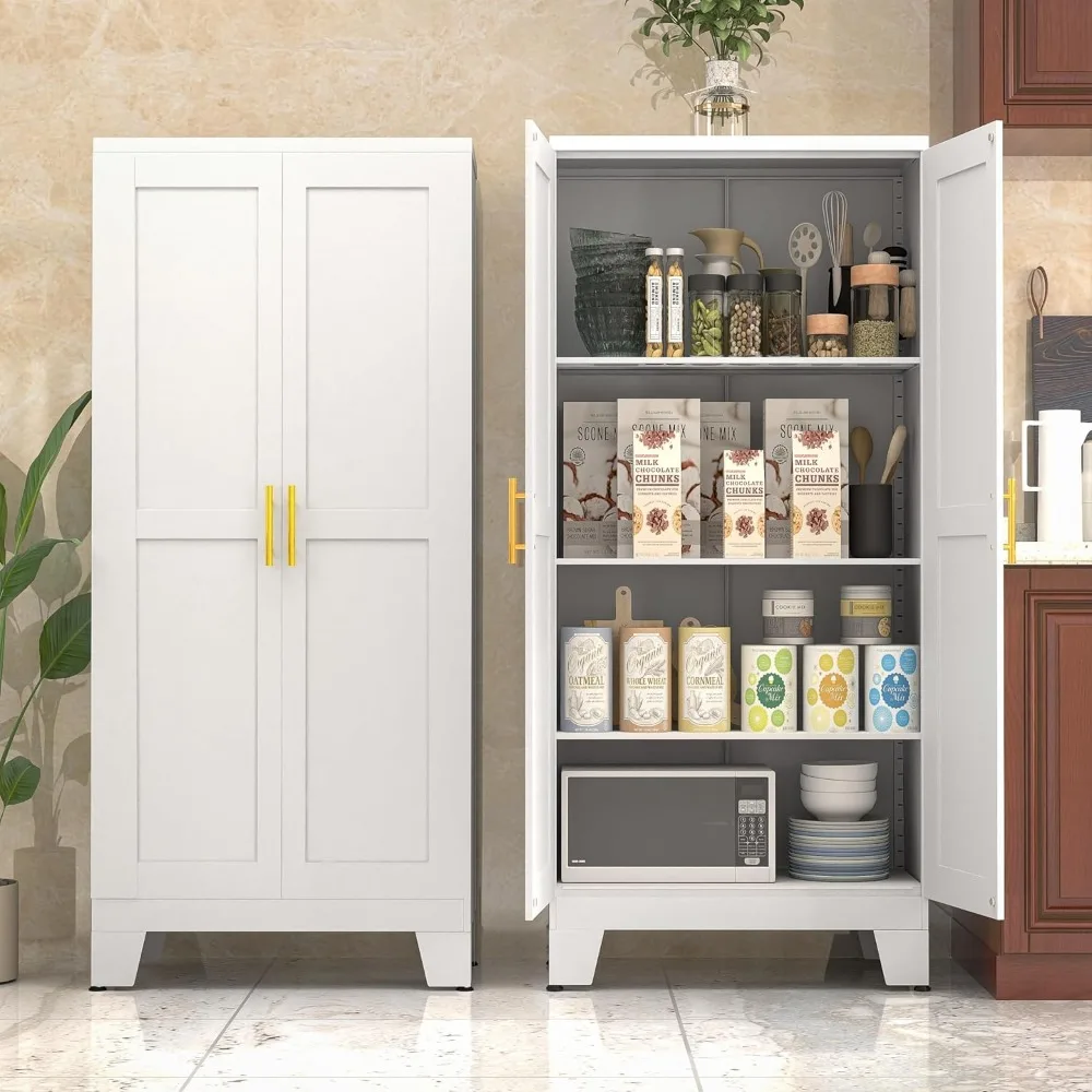 

White Metal Kitchen Storage Cabinet, Kitchen Pantry Storage Cabinet with Doors and Shelves, Storage Cabinet with Adjustable Leve
