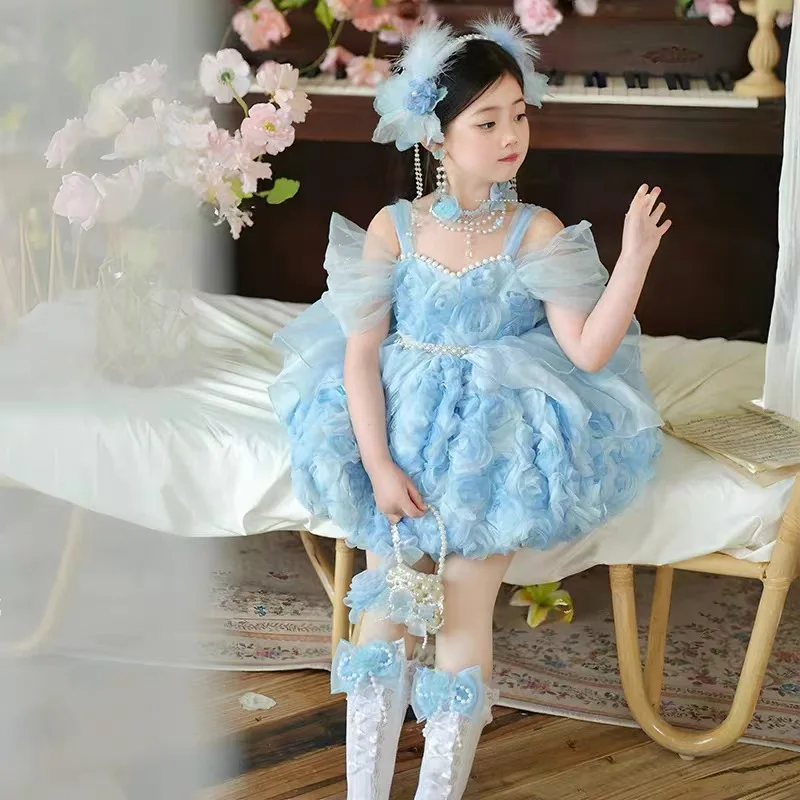 Girls Blue Sweet Fantasy Princess Dress Children's Dress Show Host Dress Flower Girl Fashion Dress Fluffy High Quality