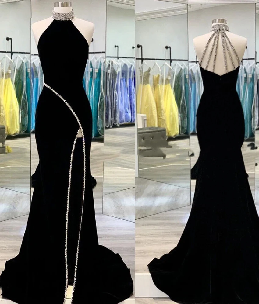 

Customized Luxury Jersey Mermaid Crystal Evening Dress Delicate Halter Sleeveless Floor Length Celebrity Gowns Custom Made