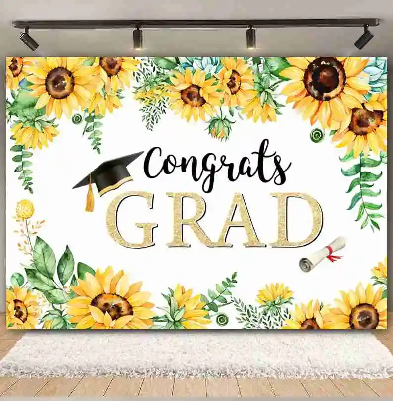 Graduation Ceremony Party Backdrop for Photography Gold Blue Bachelor Cap 2026 Prom Congratulations Graduates Photo Background