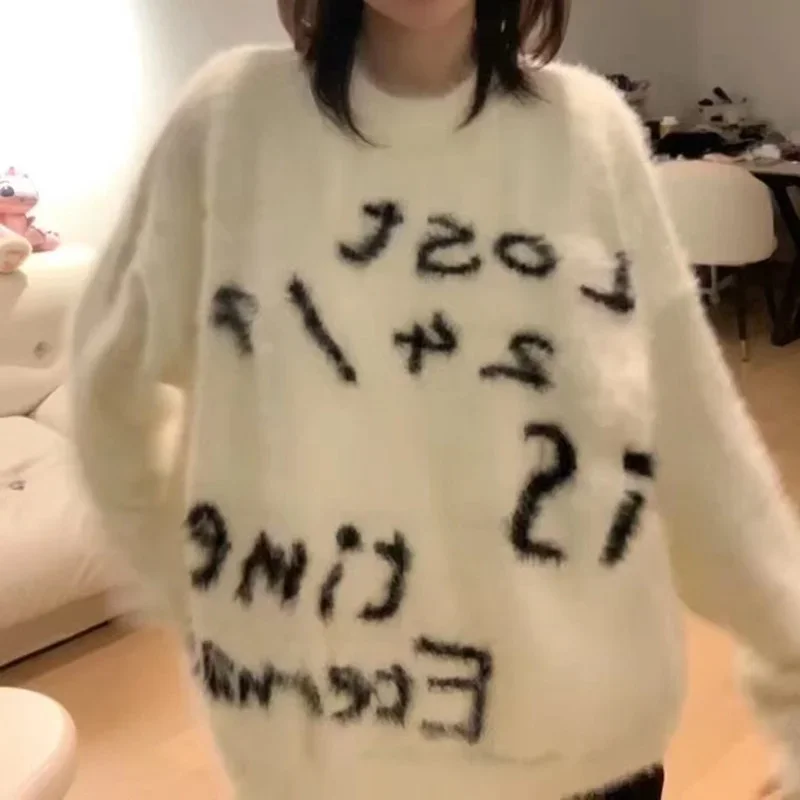 كنزات نسائية رقيقة مطبوعة بحروف فضفاضة حلوة يومية Жensky Svertores Bedeuşеarov خريف شتاء بلوفرات محبوكة مترهل