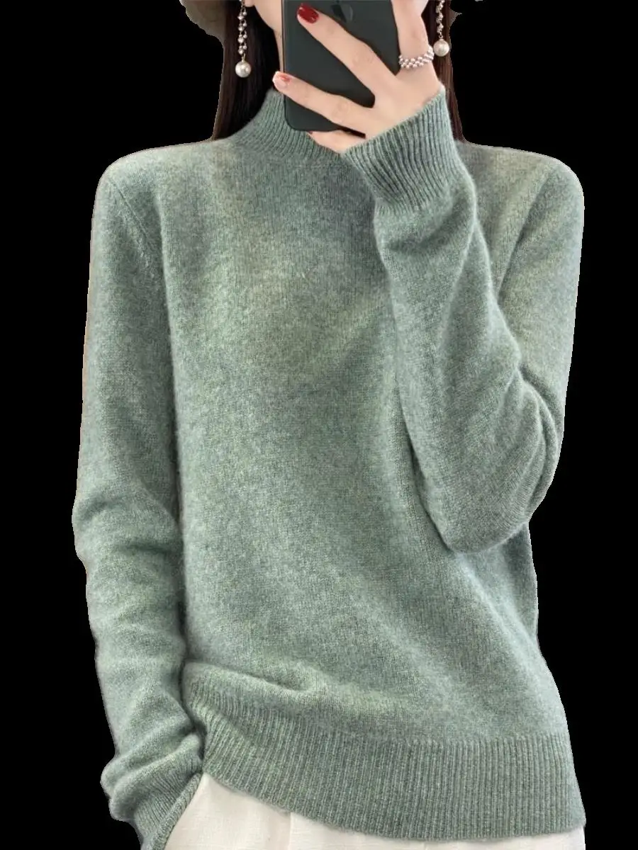 Suéter de Lana de Punto Hoado de Manga Larga para Mujer, Cuello Medio Alto, Informal, para Otoño e Invierno, Prenda Interio...