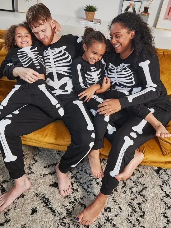 Halloween Family Matching Pajamas Adult Kids Skull Skeleton Print Long Sleeve Tops And Stretch Casual Pants Sleepwear Fashion