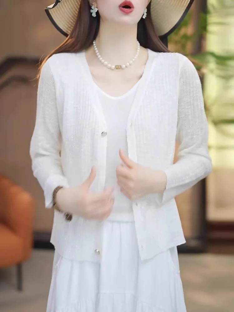 

2025 New een V-Ne вязаный кардиган женский летний тонкий солнцезащитный верхняя одежда чехол для кондиционера топ свободного покроя длинный ...