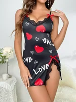 Heart Letter Floral Slip Nightdress Lace Trim Deep V Side Split Sleep Dress Soft Breathable Fabric For Women Night Gown - Image 4