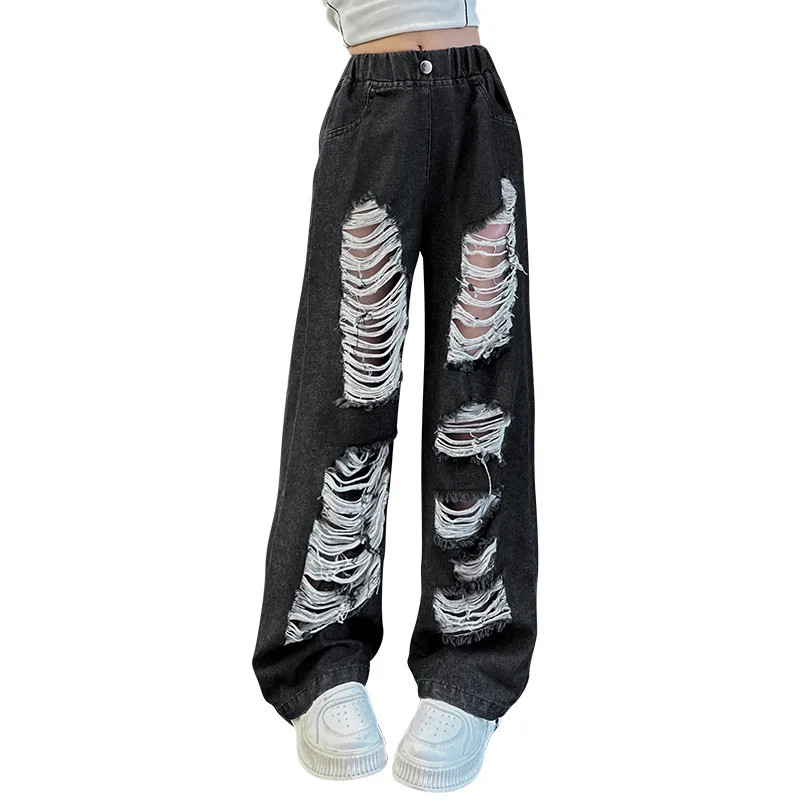 teen Girl Black Jeans 2024 Summer Thin Pop Street Trendy Beggars Hole Broken Straight Narrow Loose Wide Leg Pants pantalon fille