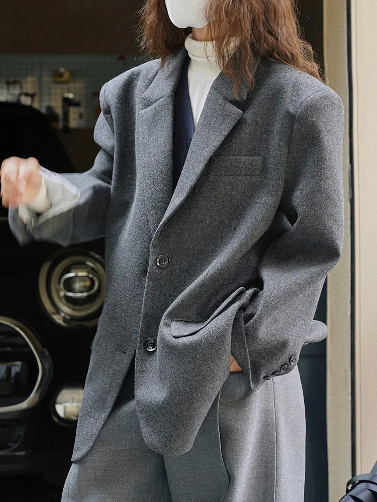 LANMREM Vintage Wool Women\'s Blazer Notched Collar Loose Fit Single Breasted Coat Fashion 2023 Winter New Clothing 2AA3465