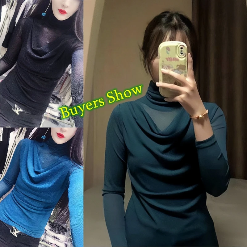 Sexy Mesh Basic T-shirts Women 2024 Fashion Turtleneck Casual Long Sleeve Y2k Tops Korean Clothes Woman Black Winter T Shirt 4XL